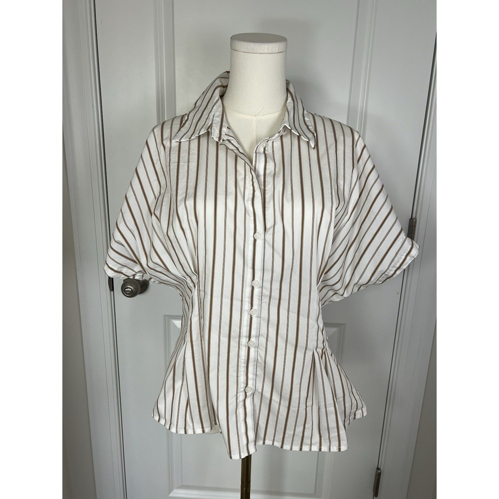 Women's Striped Blouse Smocked Back Peplum‎ Hem Minimalist Nautical Office Large